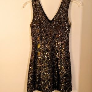 Express Mini Dress Holiday Black Gold V-Neck XS